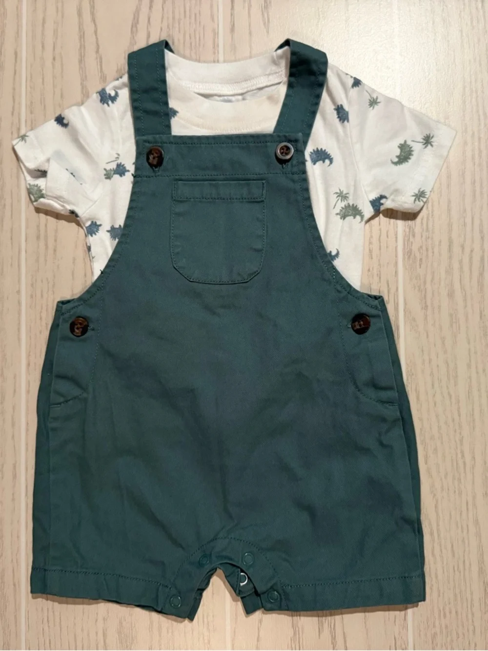 Carters Baby Boy 12M Dino Outfit Shortall Set Green Overalls Shirt EUC